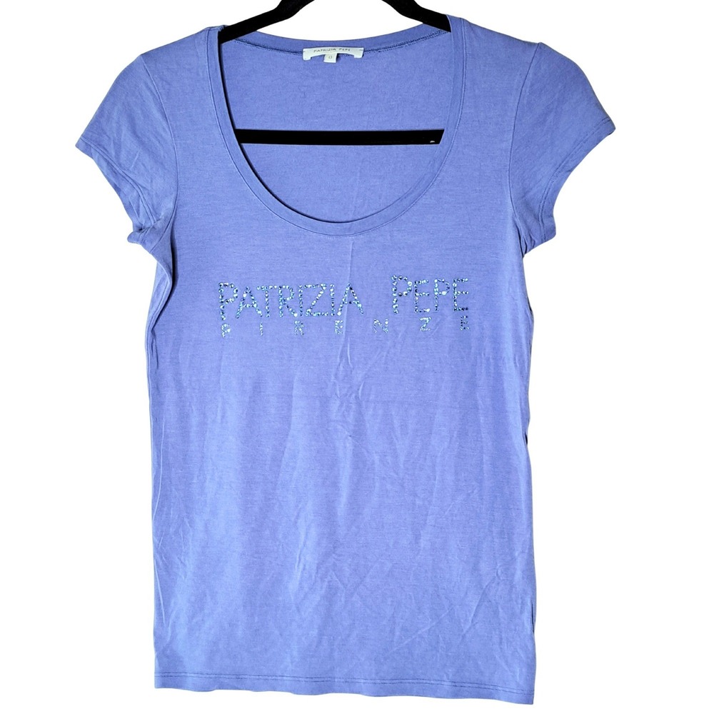 Patrizia Pepe Firenze Logo Tee Womens 0 Periwinkle Blue Rhinestone Italian